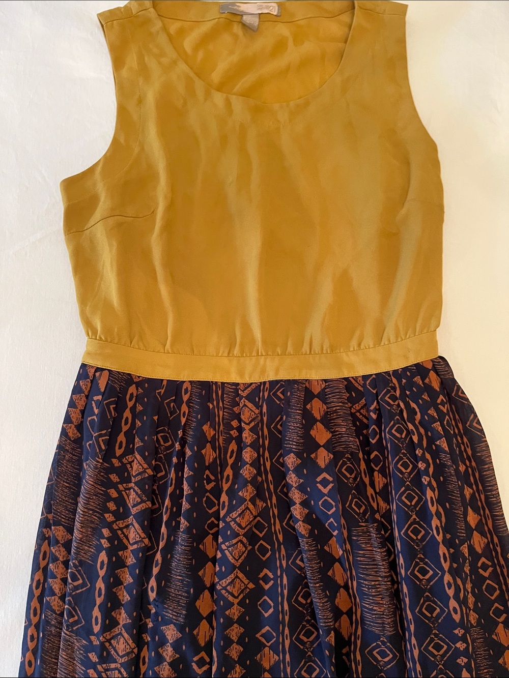 Forever 21 Mustard and Navy Patterned Fit & Flare Dress